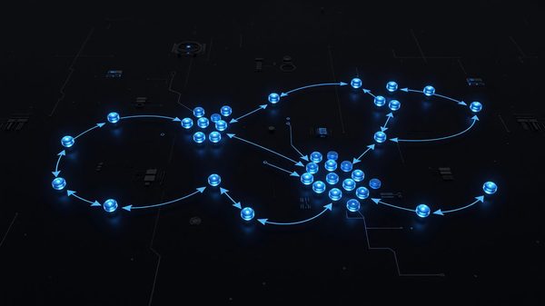 Abstract flowchart of glowing blue nodes and arrows representing a GitOps continuous deployment pipeline