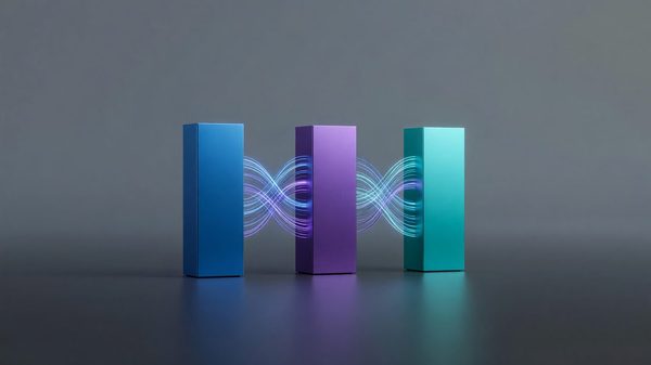Three abstract server towers in different accent colors connected by glowing data lines representing multi-cloud infrastructure