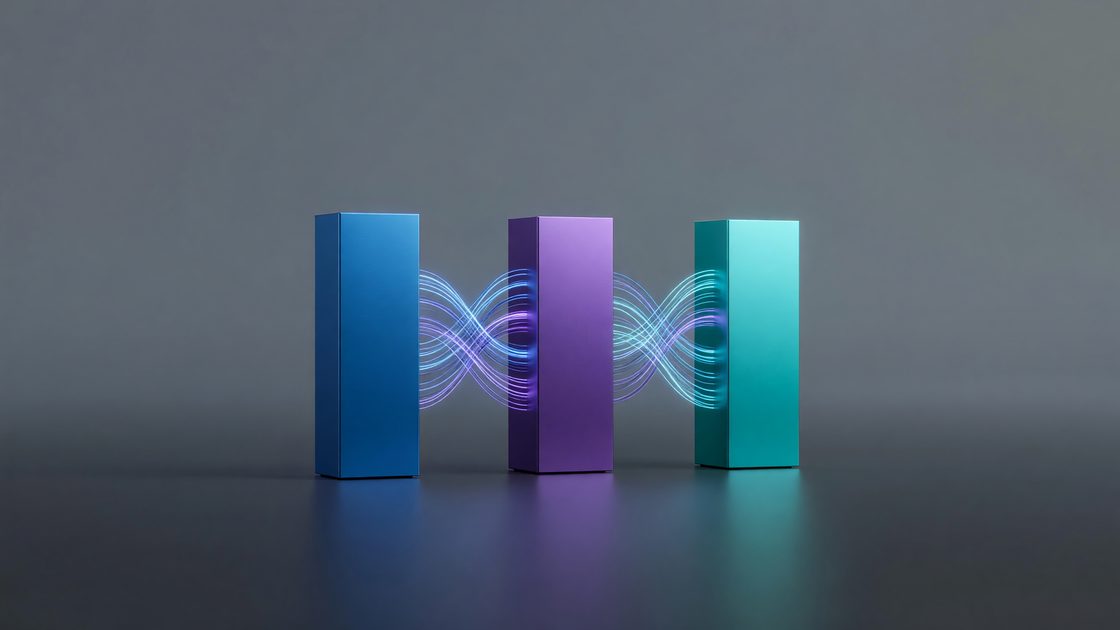 Three abstract server towers in different accent colors connected by glowing data lines representing multi-cloud infrastructure