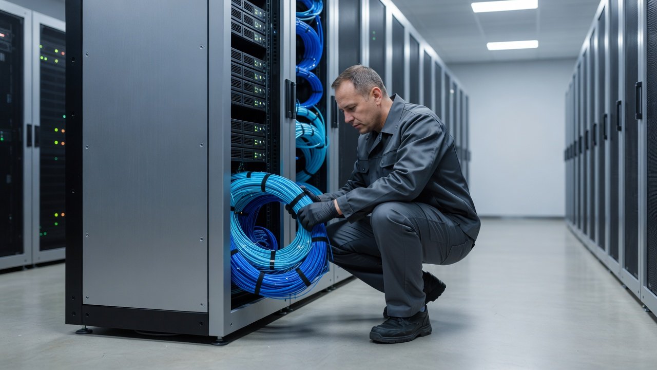 A network engineer inspecting cabling in a data center aisle