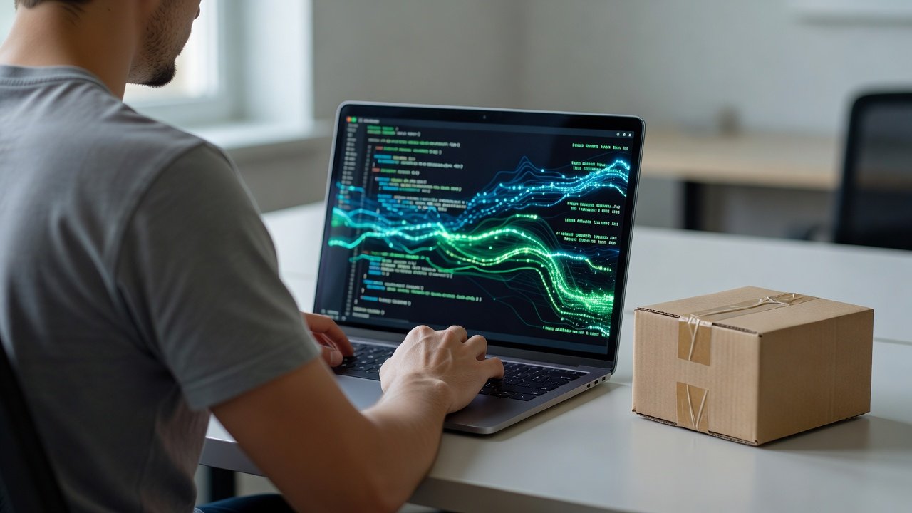 A developer at a desk with a terminal open showing a container image build