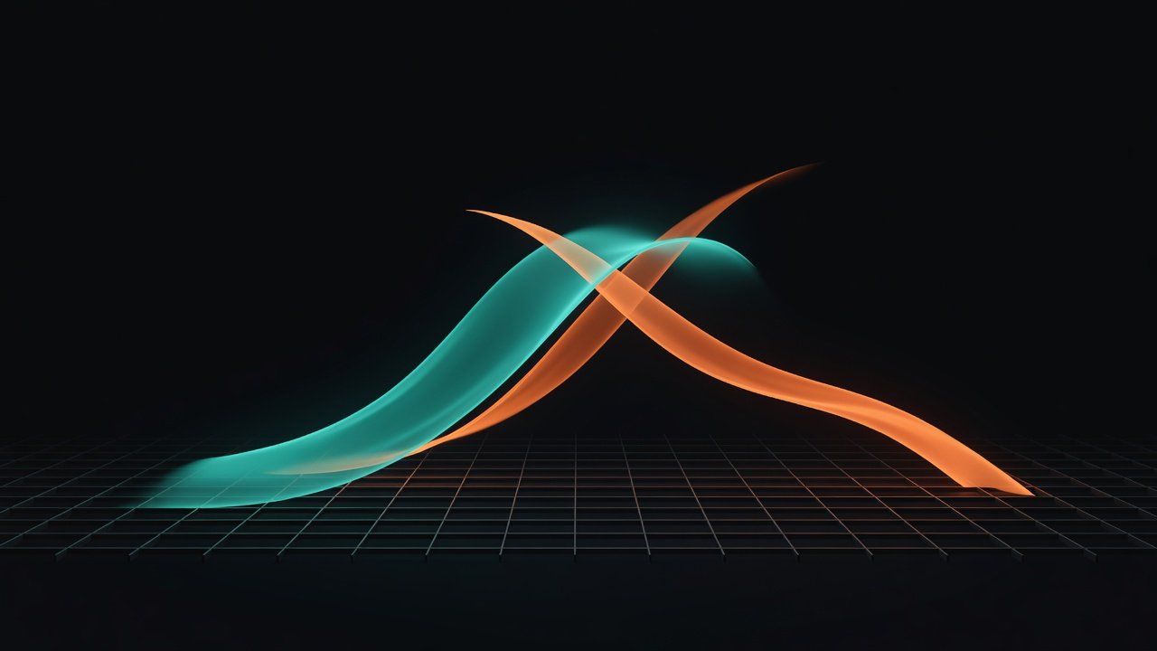 Abstract illustration of two diverging trend lines over a grid, one rising and one falling