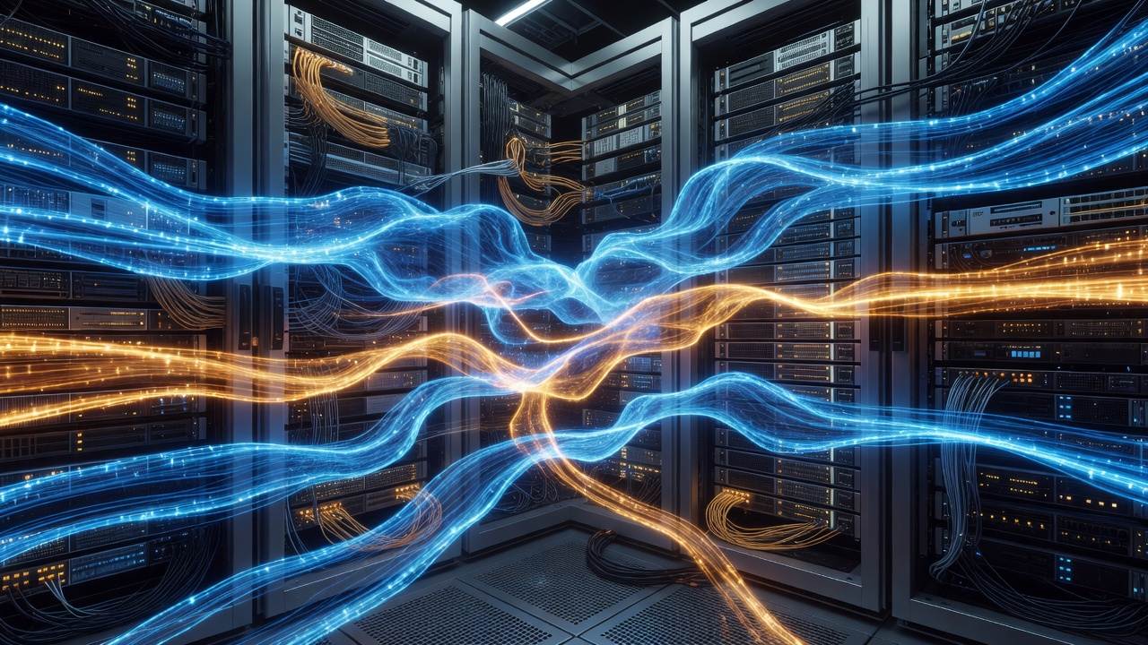 Abstract data center server room with glowing blue and orange network connections representing cloud cost flows