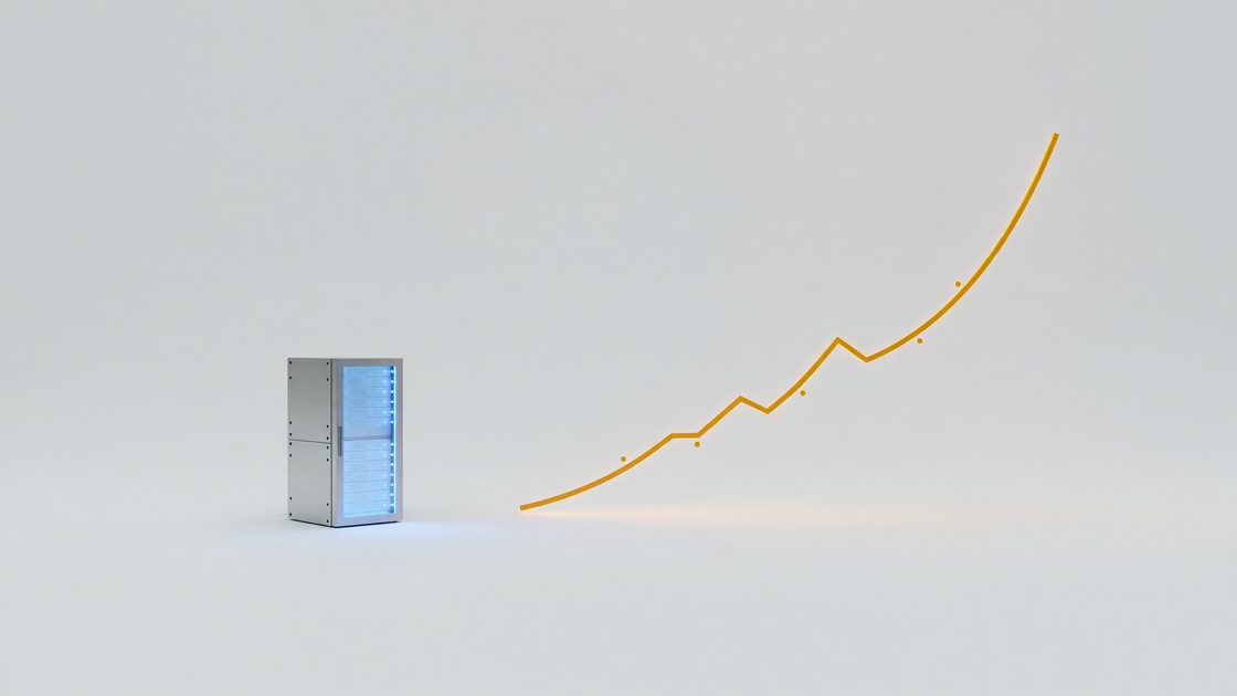 Minimalist illustration of a small server rack next to an upward cost trend line, representing startup cloud spend
