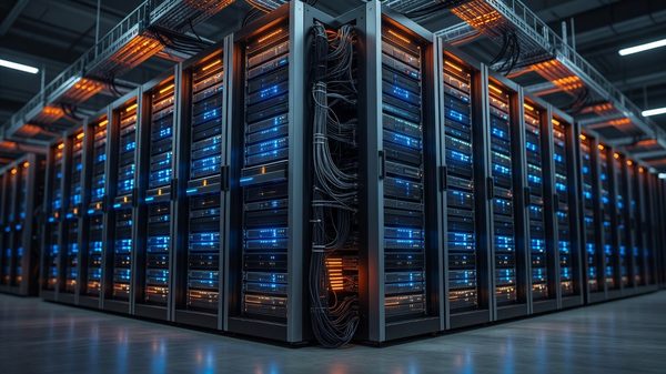 Abstract visualization of a modern GPU server rack in a data center with blue network connection patterns