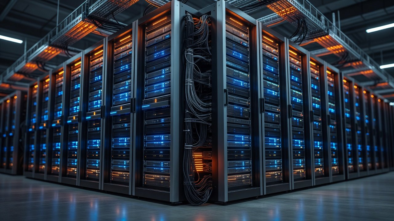 Abstract visualization of a modern GPU server rack in a data center with blue network connection patterns