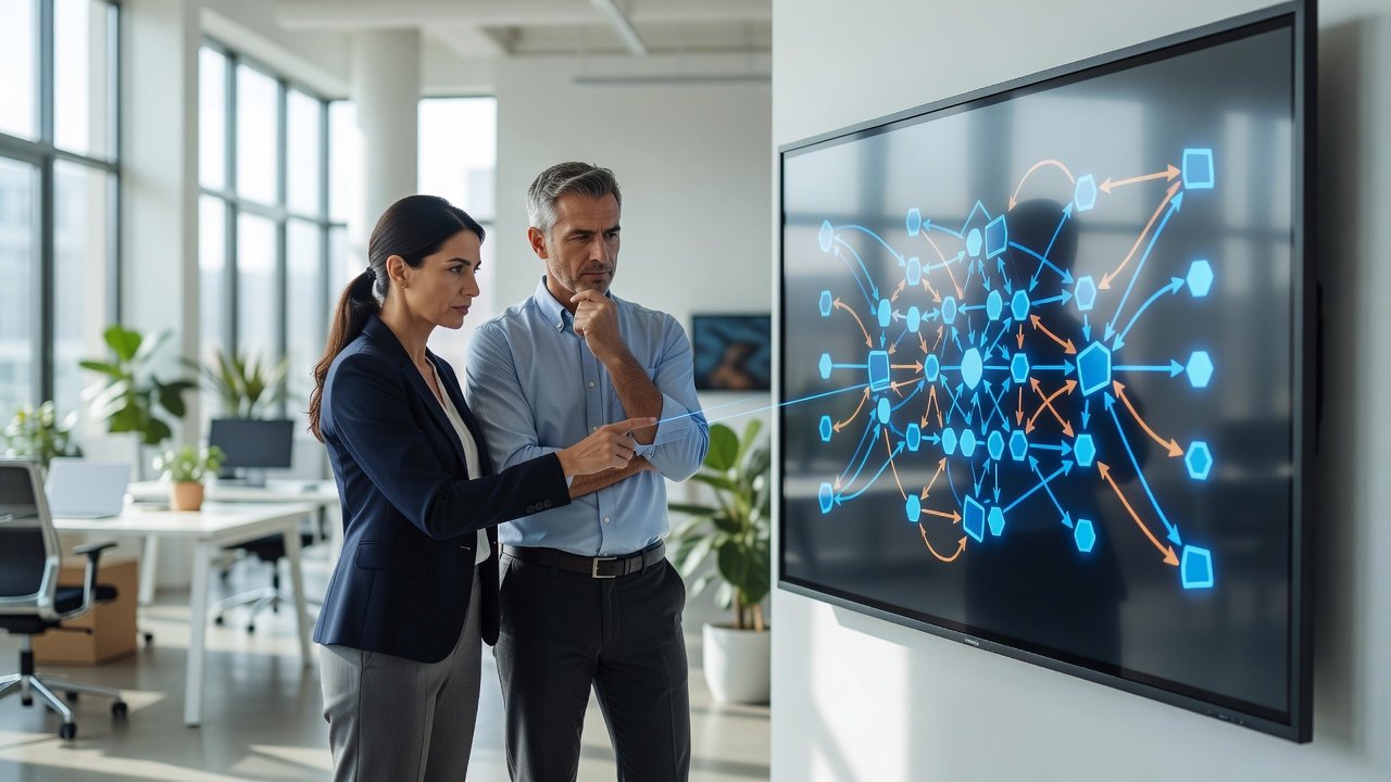 Two engineers reviewing a machine learning pipeline diagram on a large display
