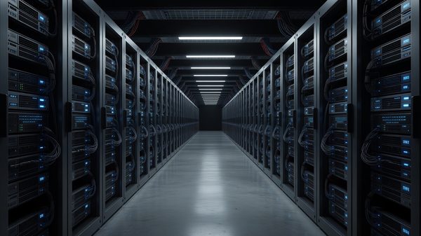 Abstract illustration of layered orchestration nodes connected by routing paths in a data center rack