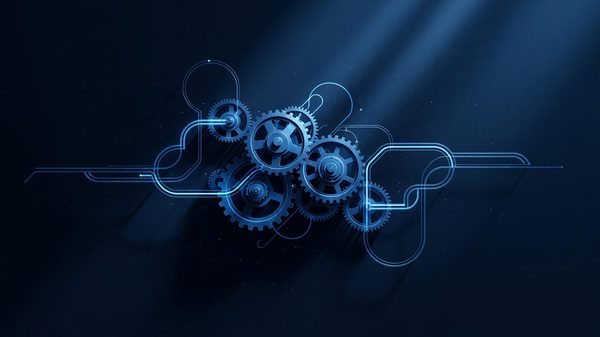Abstract illustration of interlocking gears and control loops in blue tones representing automated Kubernetes operations