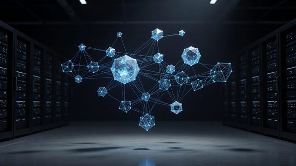 Abstract cluster of glowing blue geometric nodes connected in a network pattern representing managed Kubernetes infrastructure