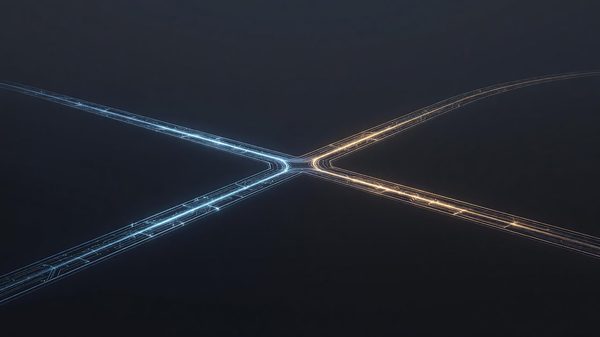 Abstract split-path illustration of two diverging code branches in blue and amber representing a software license fork