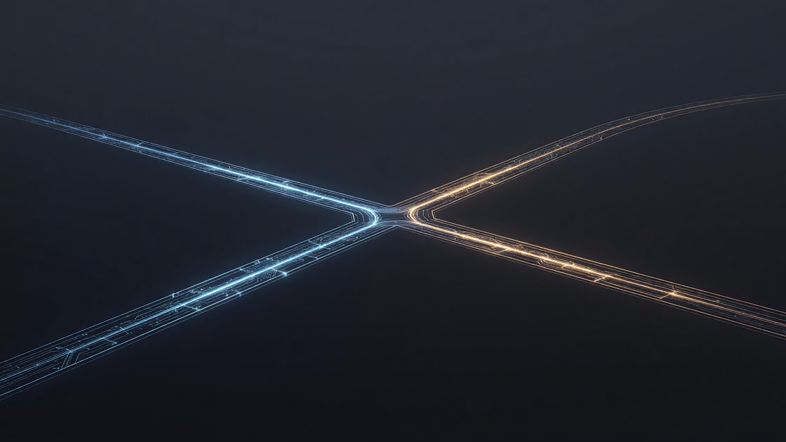 Abstract split-path illustration of two diverging code branches in blue and amber representing a software license fork